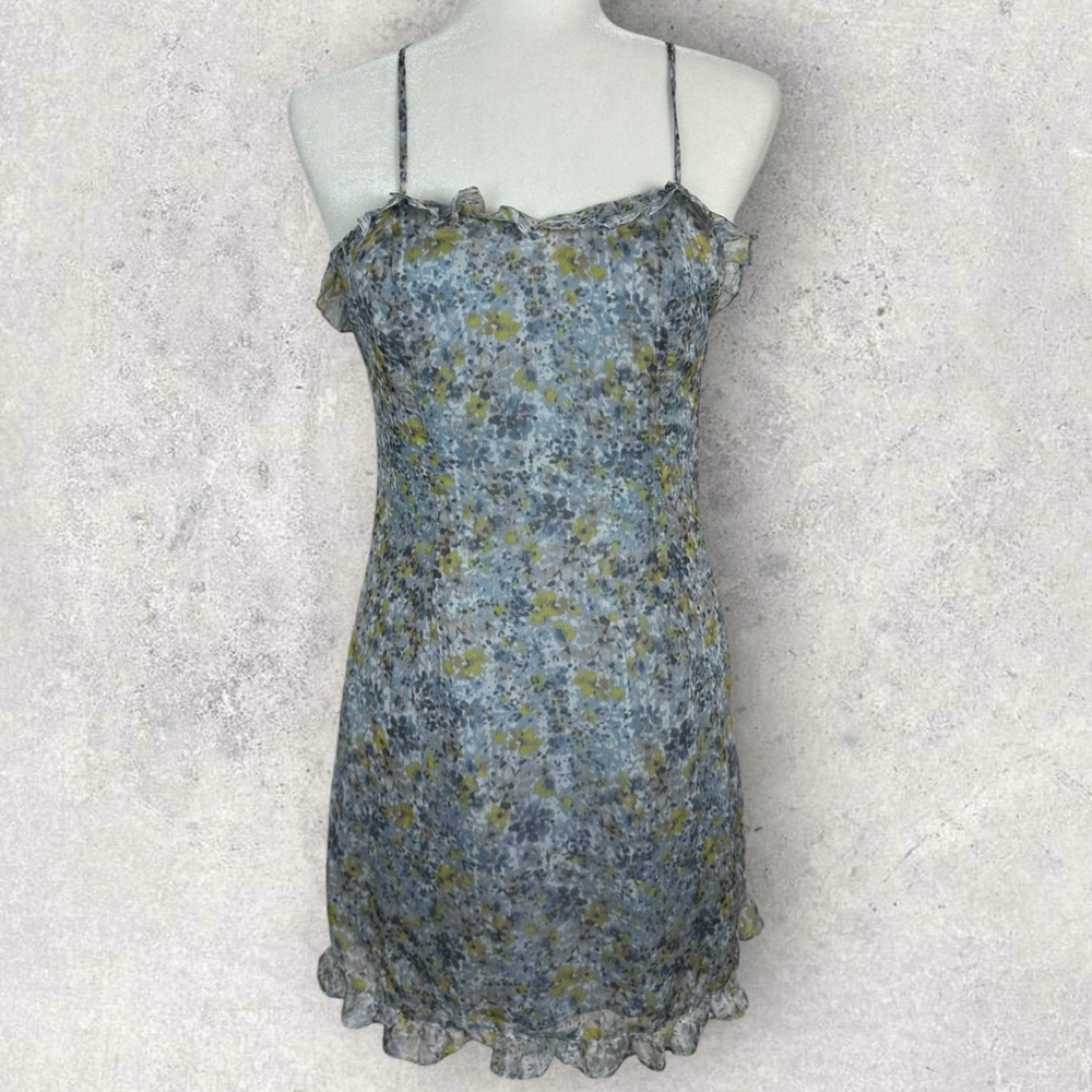 Madofit Blue Green Ruffle Y2K Floral Mini Dress‎ Womens Size Medium Summer Boho